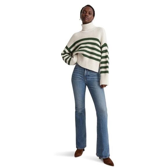 Madewell Antique Cream and Green Varsity Wide Rib Turtleneck Sweater NWOT Small - Picture 6 of 11
